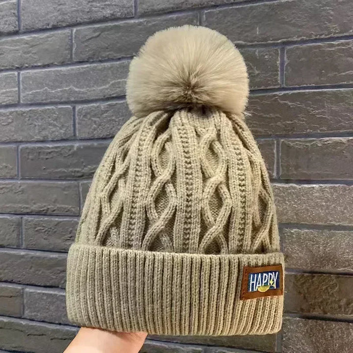 Winter Thick Fur Ball Knitted Beanie  Khaki   - VILIVAUN