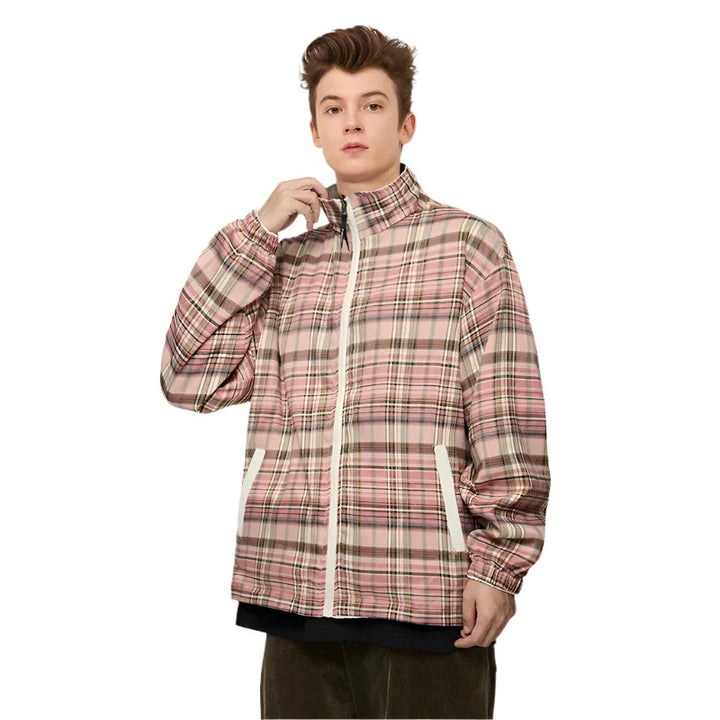 Reversible Stand Collar Plaid Jacket - VILIVAUN