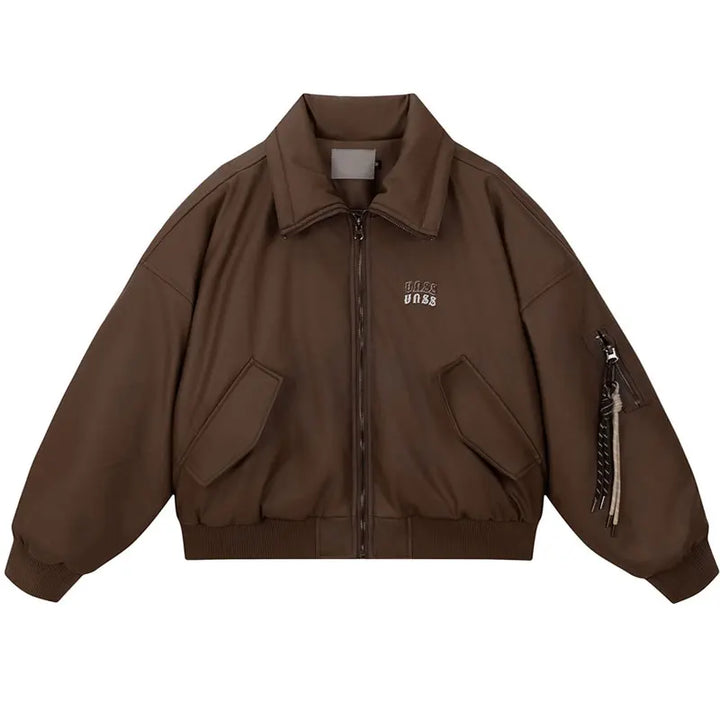 Y2k Bomber Leather Jacket  Brown M  - VILIVAUN