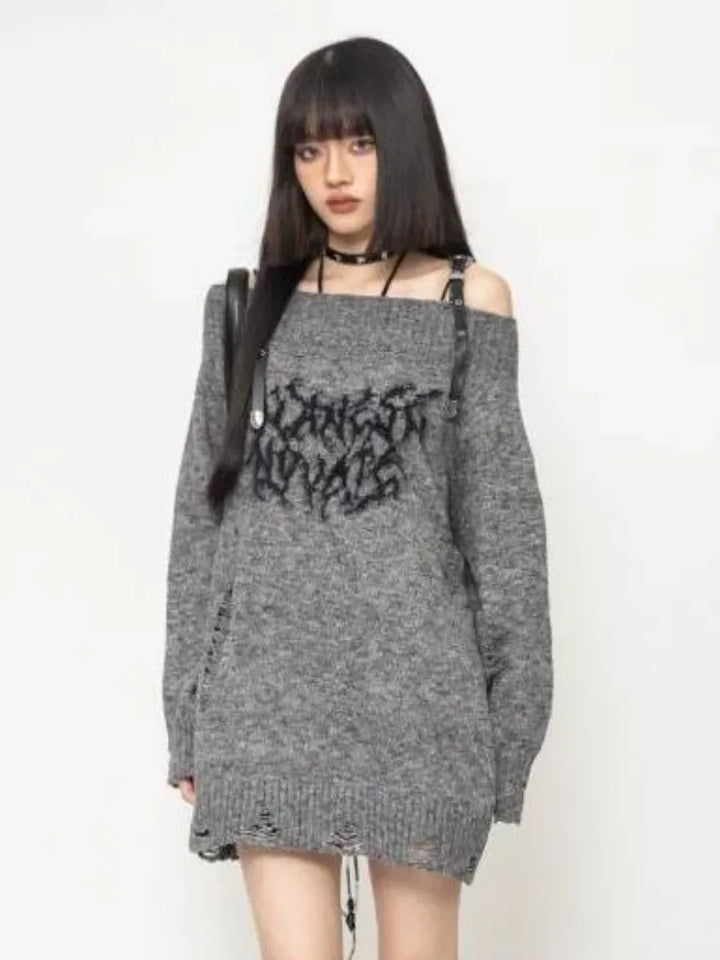 Y2k Gothic Slash Noir Sweater     - VILIVAUN