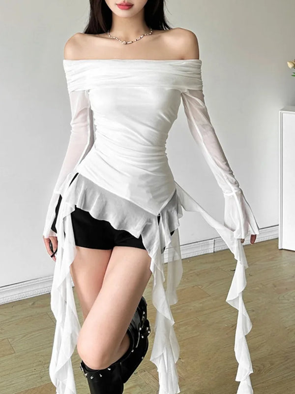 Irregular Ruffled Sexy Off-Shoulder Gauze T-Shirt