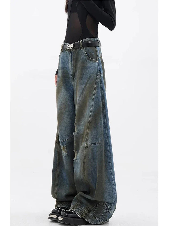 Y2K Dirty Ripped Denim Jeans     - VILIVAUN