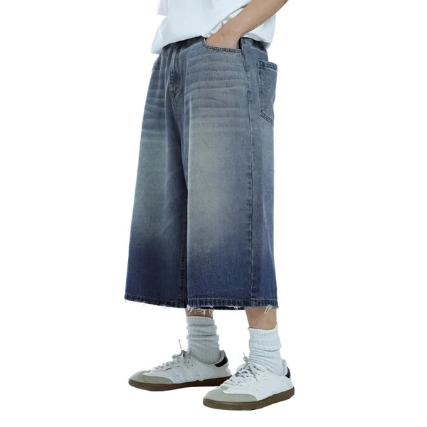 Washed Wide Leg Denim Jeans Short  Blue S  - VILIVAUN