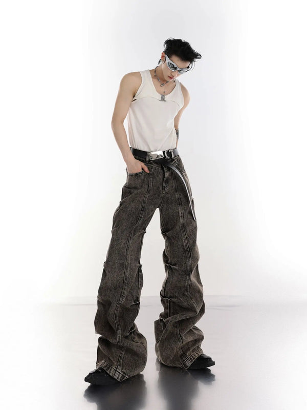 High Waisted Pleated Washed Jeans