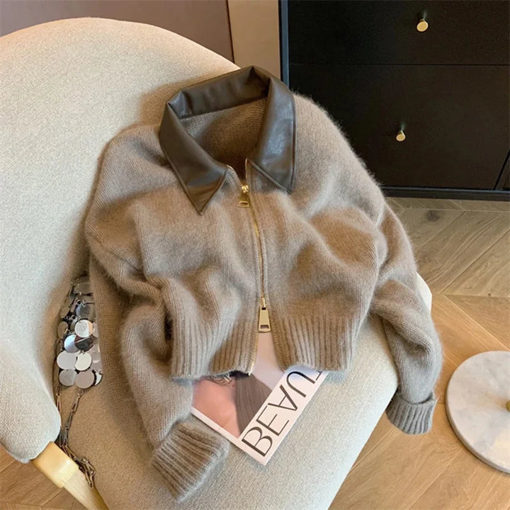 Y2k Spliced Leather Collar Knitted Soft Cardigen As Show S - VILIVAUN