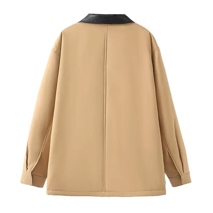 Faux Leather Contrast Sleeve Coat     - VILIVAUN