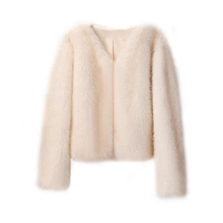 Luxury Cropped Faux Fur Coat Jacket  Khaki S  - VILIVAUN