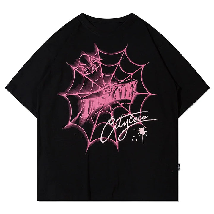 Y2K Spider Web Letter Printed T-Shirt  Black M  - VILIVAUN
