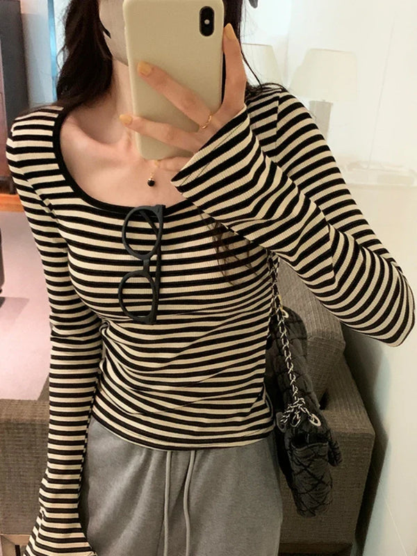 Striped Square Neck Long-sleeved T-shirt