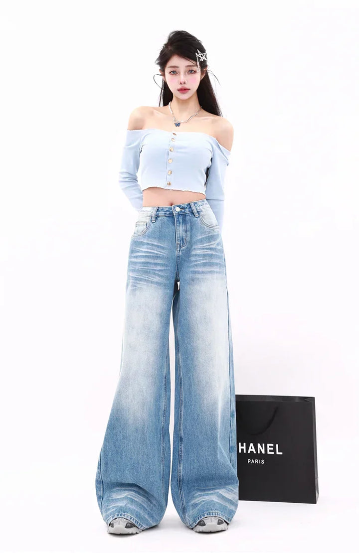 Model wearing the blue Relaxed Wide-Leg Jeans