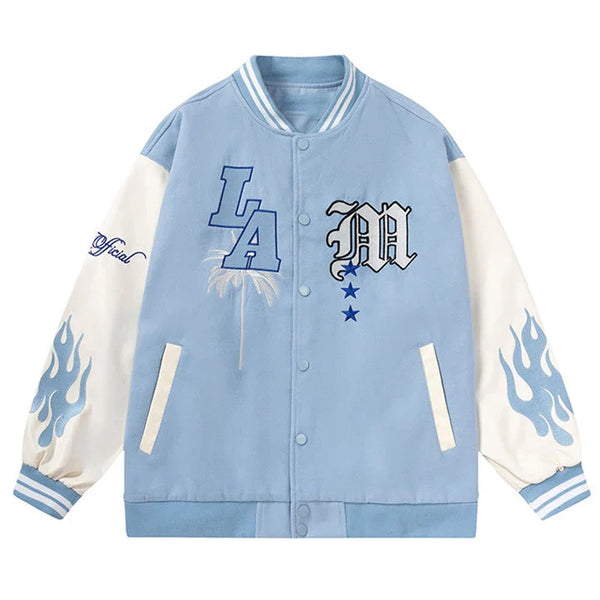 Y2K Flame Lethear Baseball Jacket  Blue S  - VILIVAUN