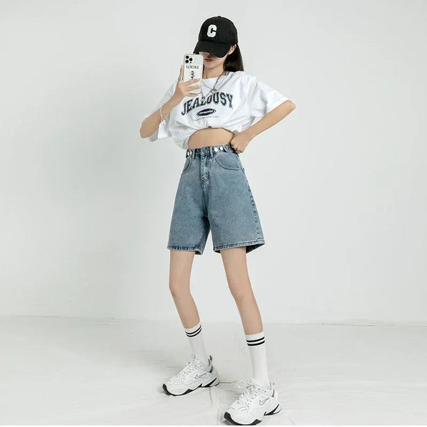 Vintage Belted Baggy Denim Shorts