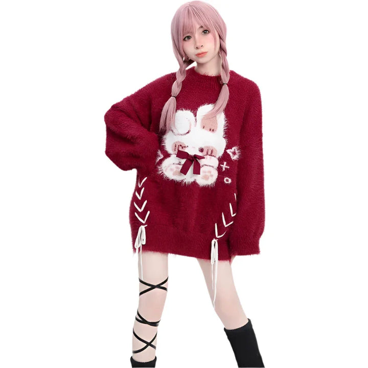 Red Kawaii Knitted Bunny Sweater - VILIVAUN