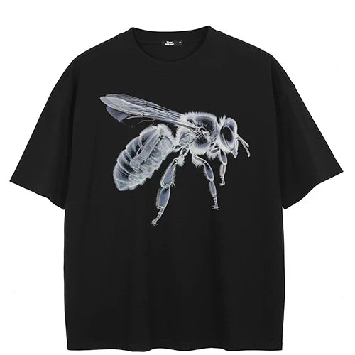 Black t-shirt with a white bee design on a white background