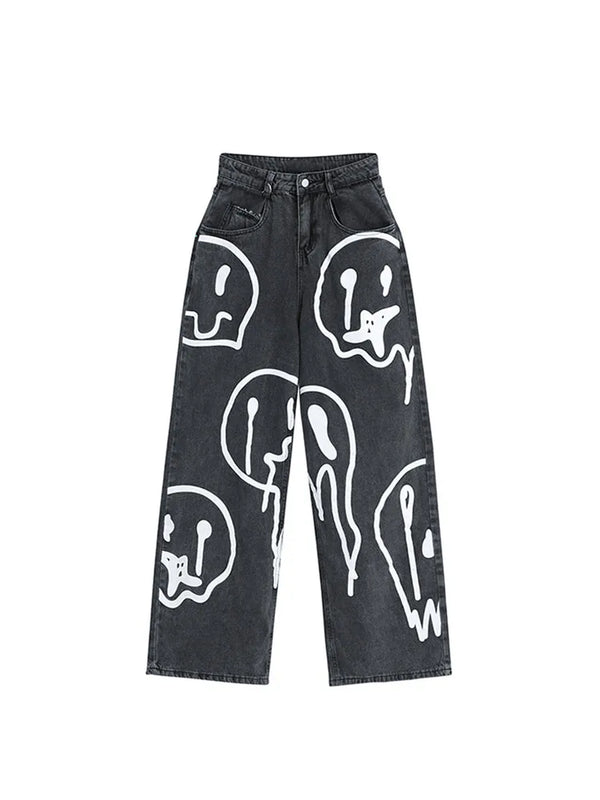 Sad Emoji Wide Leg  Black Denim Jeans