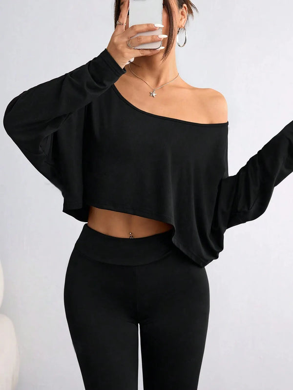 Casual Black Sexy Oblique Shoulder Long T-Shirt
