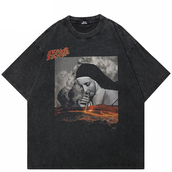 Retro Vintage Washed Black Graphic T-Shirt