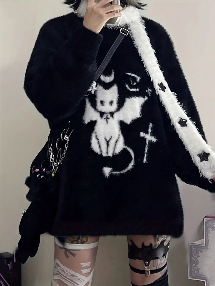 Y2k Demon Dream Cat Knitted Sweater     - VILIVAUN