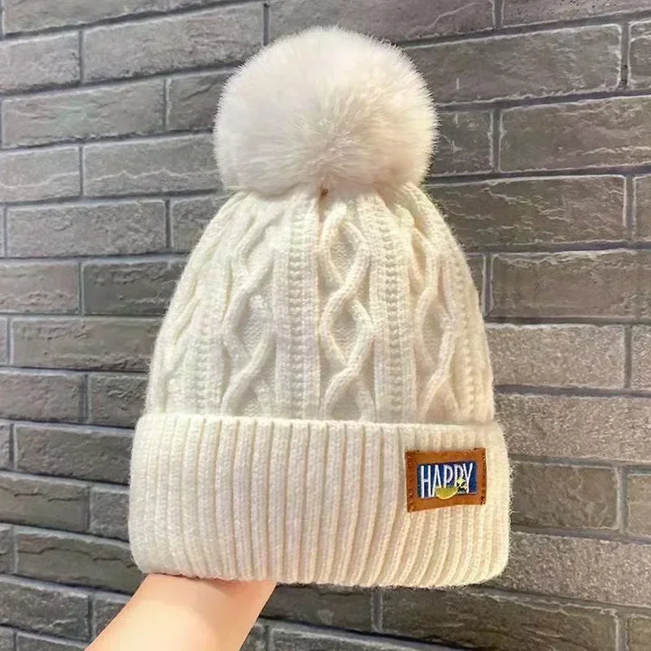 Winter Thick Fur Ball Knitted Beanie  Creamy-white   - VILIVAUN