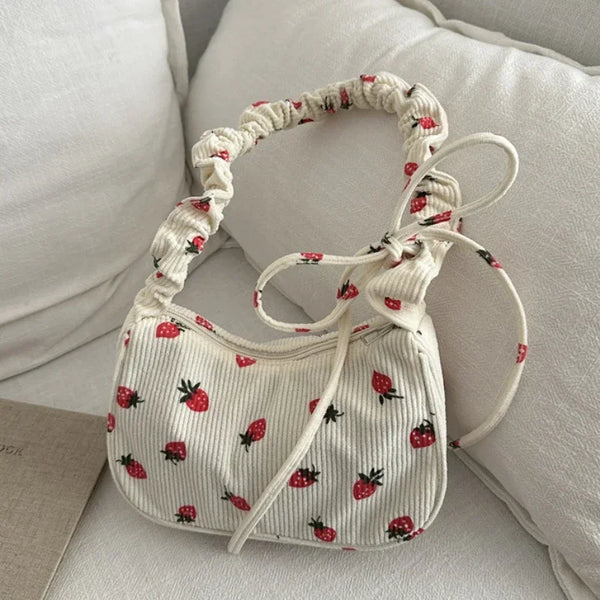 Cute Strawberry Print Small Corduroy Handbag