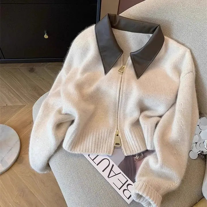 Y2k Spliced Leather Collar Knitted Soft Cardigen Apricot S - VILIVAUN