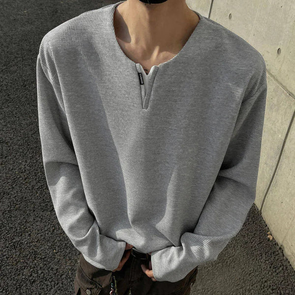 Solid Color V-Neck Long Sleeve T-Shirt