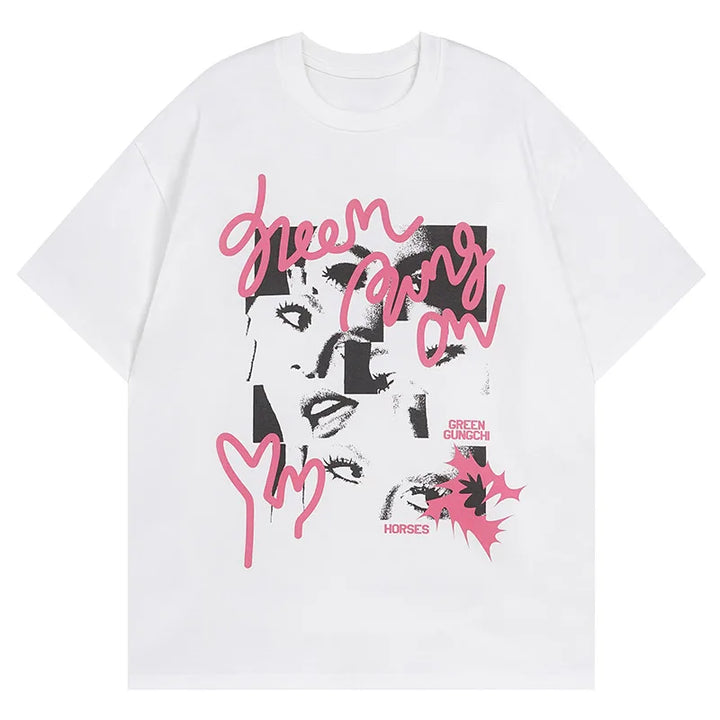 Women's Face Printed T-Shirt  White S  - VILIVAUN
