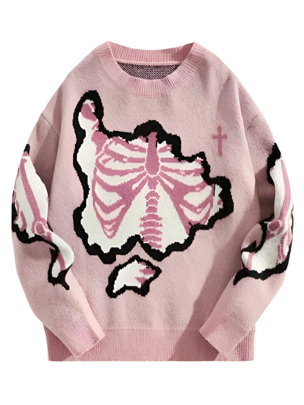 Y2k Skeleton Exposed Chest Sweater  Pink S  - VILIVAUN