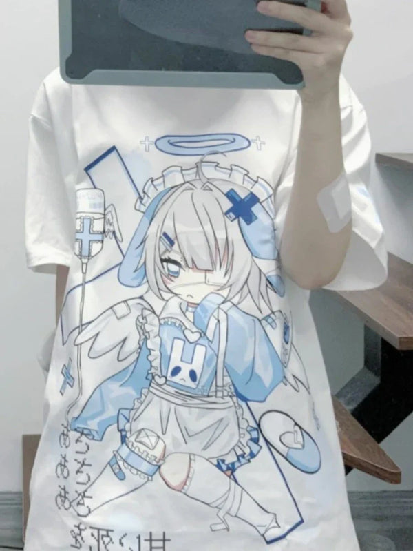 Cute Japanese Cartoon Print Oversized T-Shirt