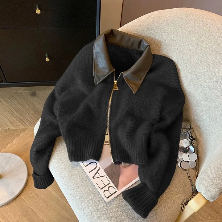 Y2k Spliced Leather Collar Knitted Soft Cardigen black S - VILIVAUN