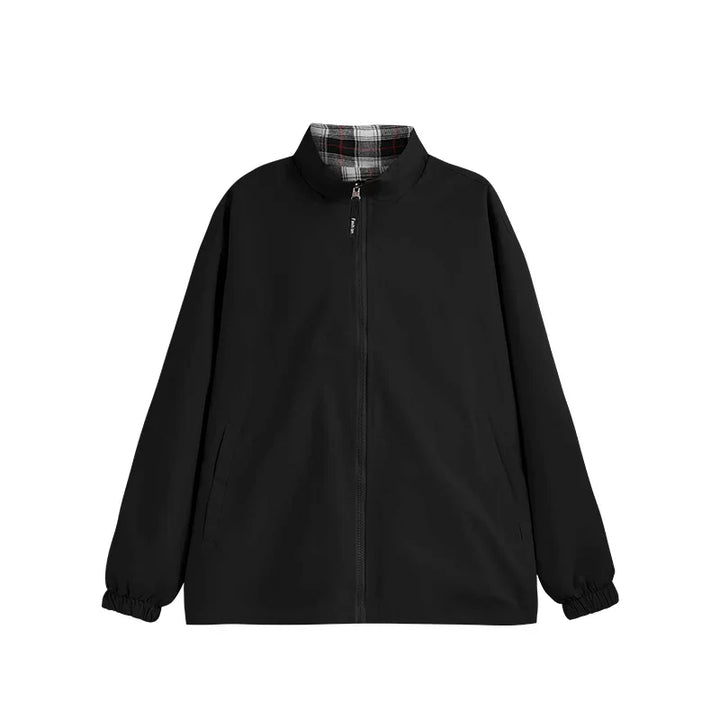 Reversible Stand Collar Plaid Jacket Black S - VILIVAUN