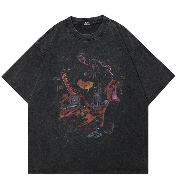 Oversized Washed Graffiti Graphic Printed T-Shirt