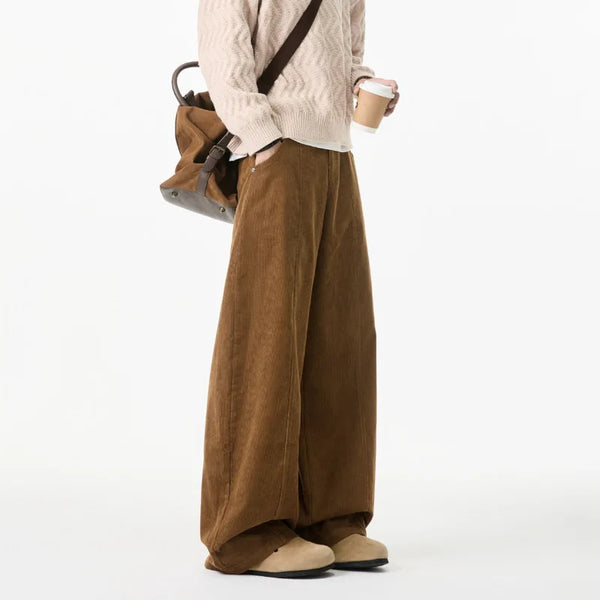Beige Wide Leg Straight Corduroy Pants