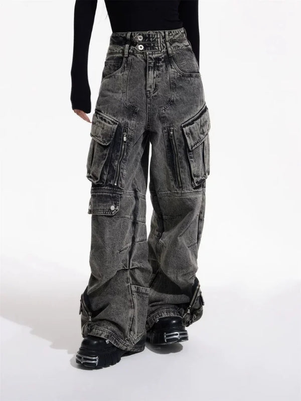 Vintage Grey Pleated Washed Cargo Jeans