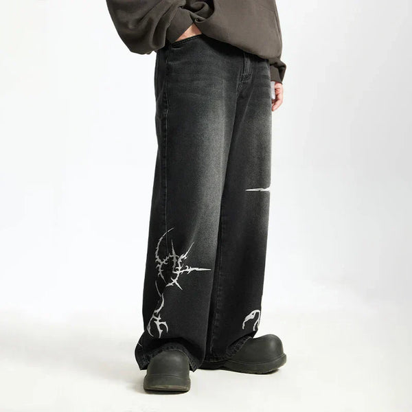 Black Print Denim Wide Leg Jeans