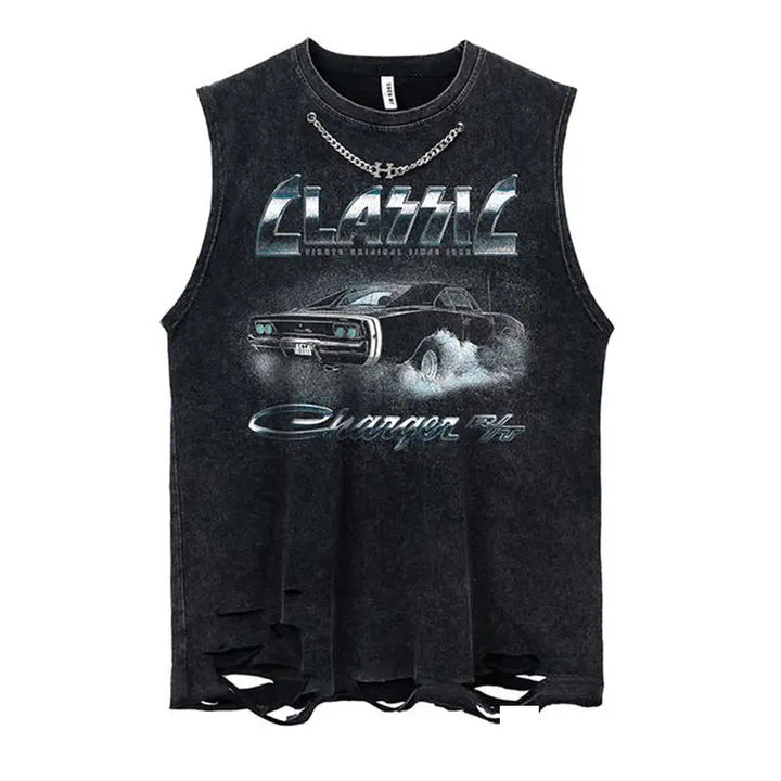 Metal Embellished Rose Washed Distressed Tank Top  Style-11 M  - VILIVAUN