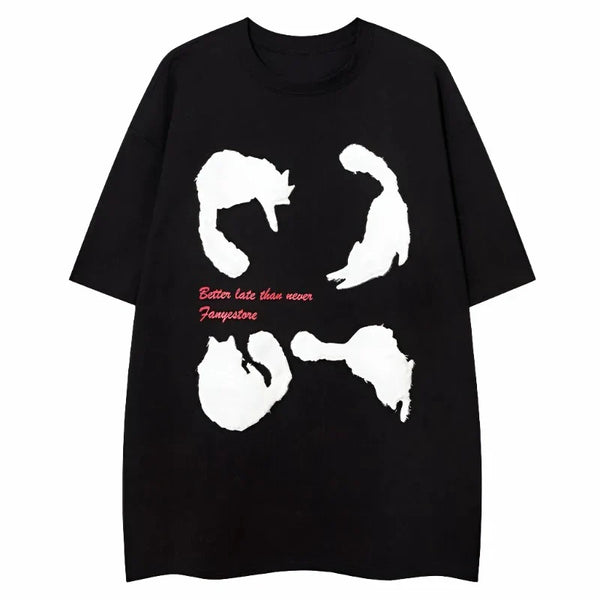 Y2K Crazy Cats Patch T-Shirt     - VILIVAUN