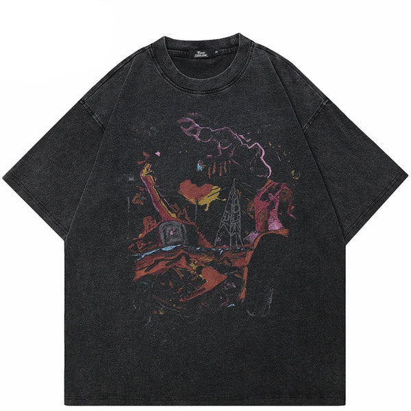 Retro Washed Black Graphic Cotton T-Shirt