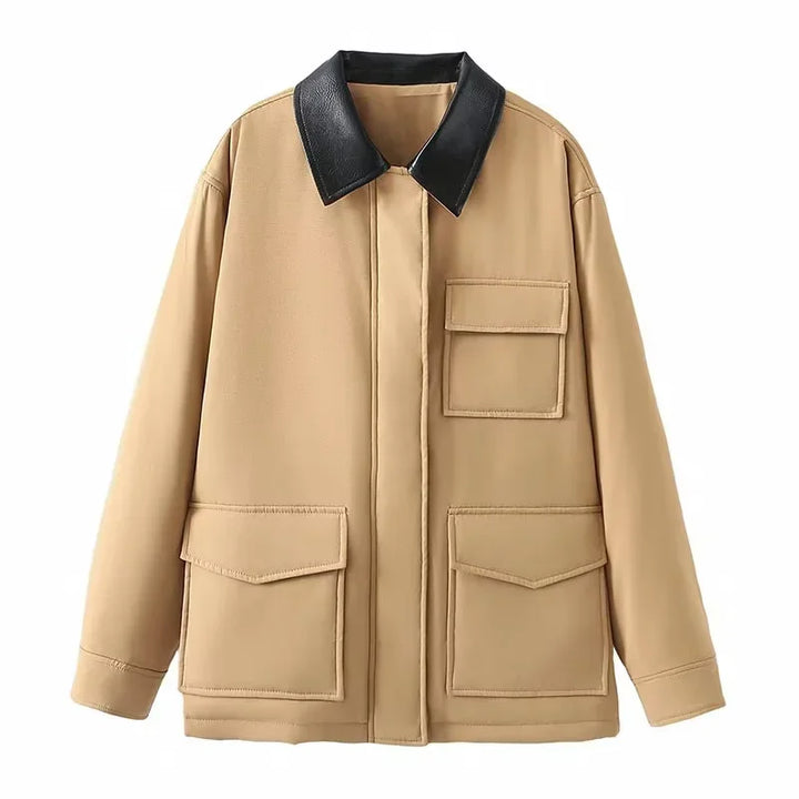 Faux Leather Contrast Sleeve Coat  Yellow XS  - VILIVAUN