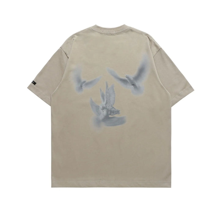 Gothic Pigeon Graphic Oversized T-Shirt  Khaki S  - VILIVAUN