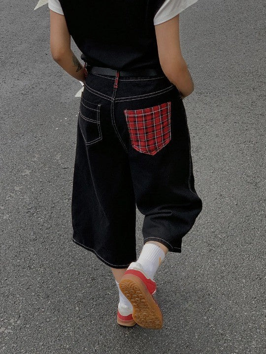 Y2k Tartan Retro Patchwork Baggy Jeans - VILIVAUN