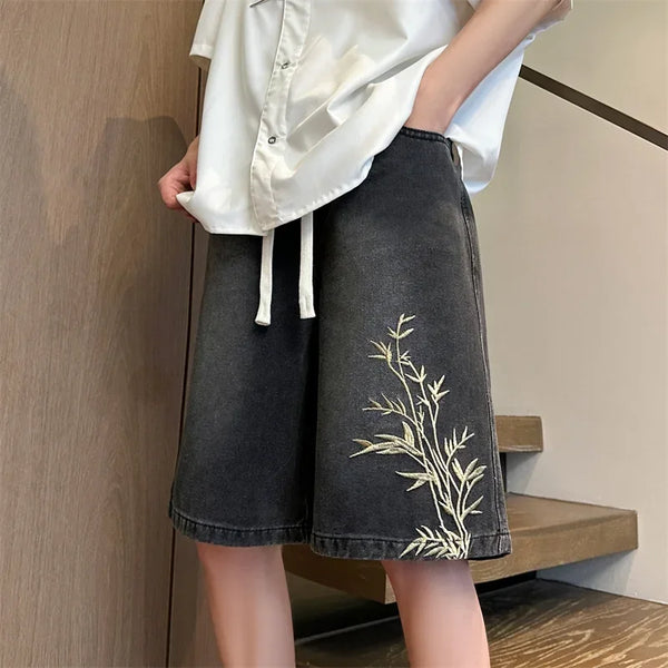 Vintage Bamboo Embroidered Baggy Denim Shorts