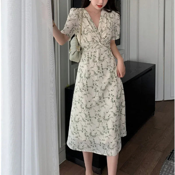 Green Floral V-neck Chiffon Midi Dress