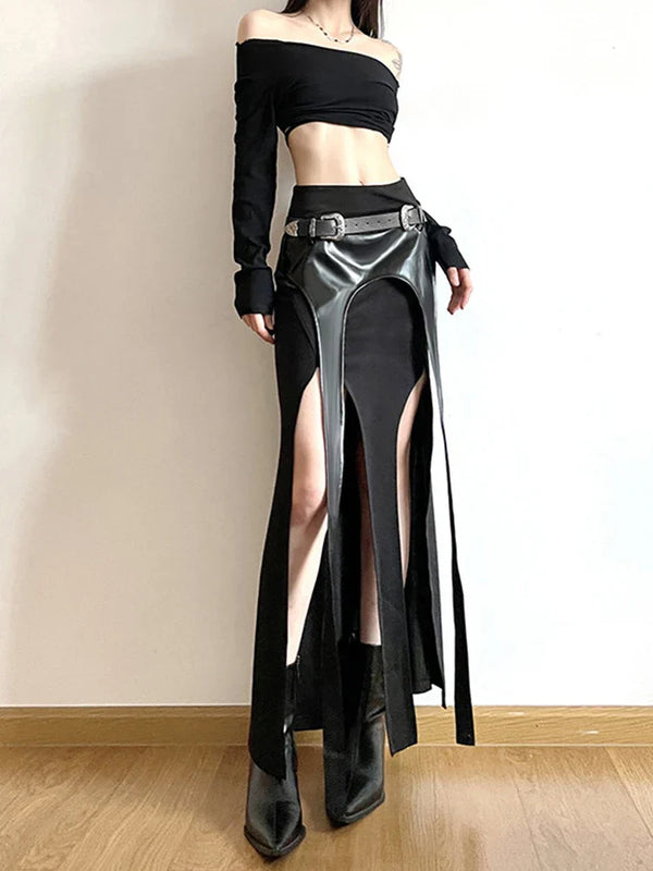 Person wearing a black off-shoulder top and high-slit leather skirt against a plain background
