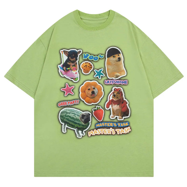 Cartoon Dog Photo Stickers Oversized T-Shirt  Green M  - VILIVAUN