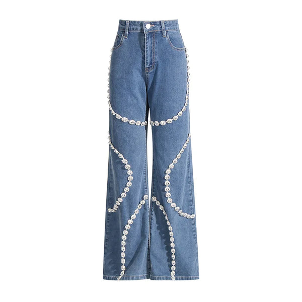 Elegant Rhinestone High Waist Jeans