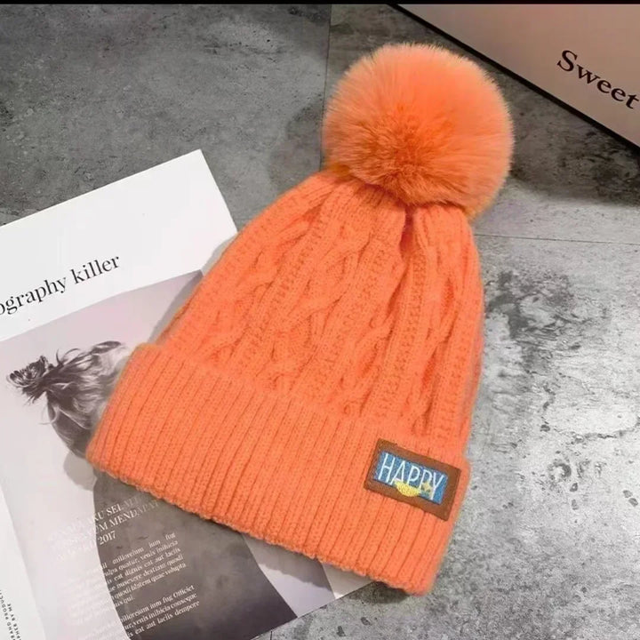 Winter Thick Fur Ball Knitted Beanie  Orange   - VILIVAUN