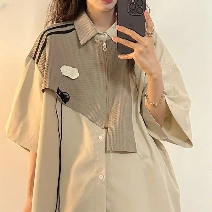Y2K Patchwork Oversized Women's Shirt     - VILIVAUN