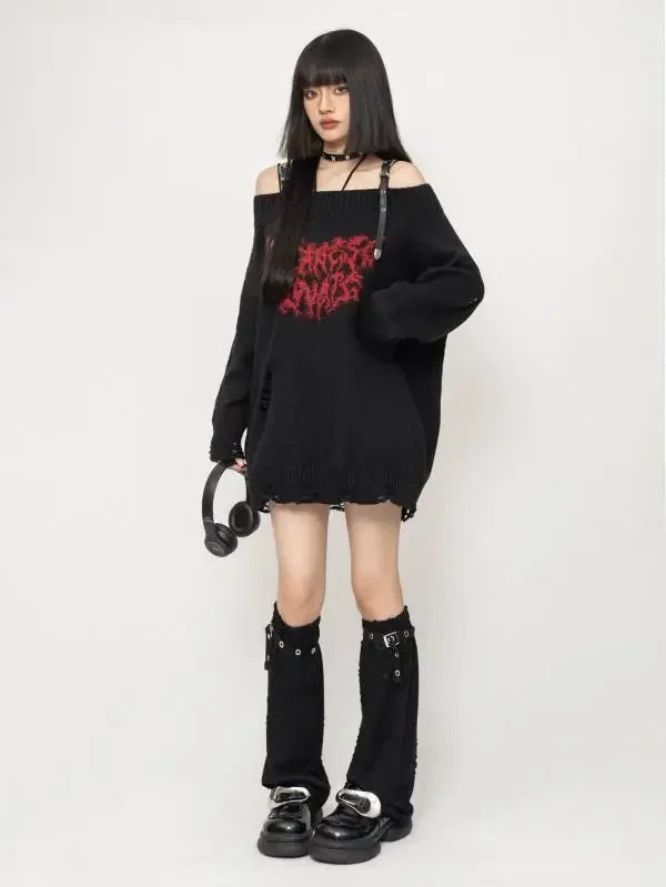 Y2k Gothic Slash Noir Sweater     - VILIVAUN