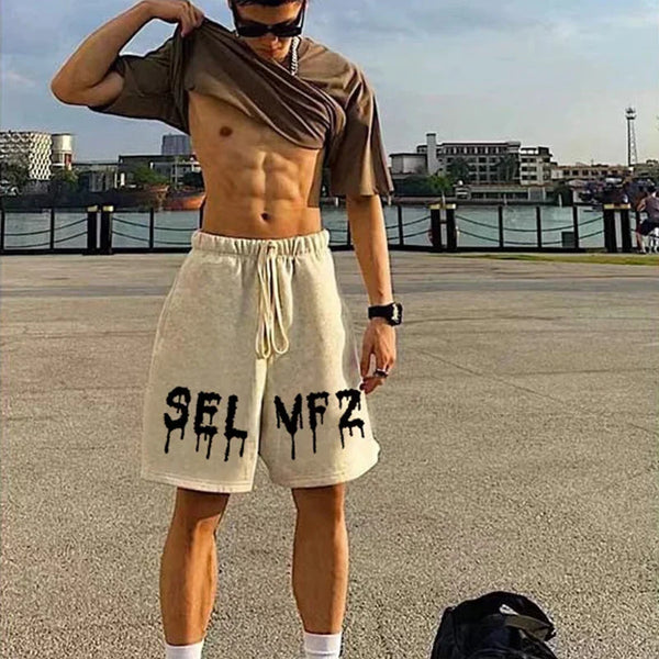 Retro American Letter Print Drawstring Shorts